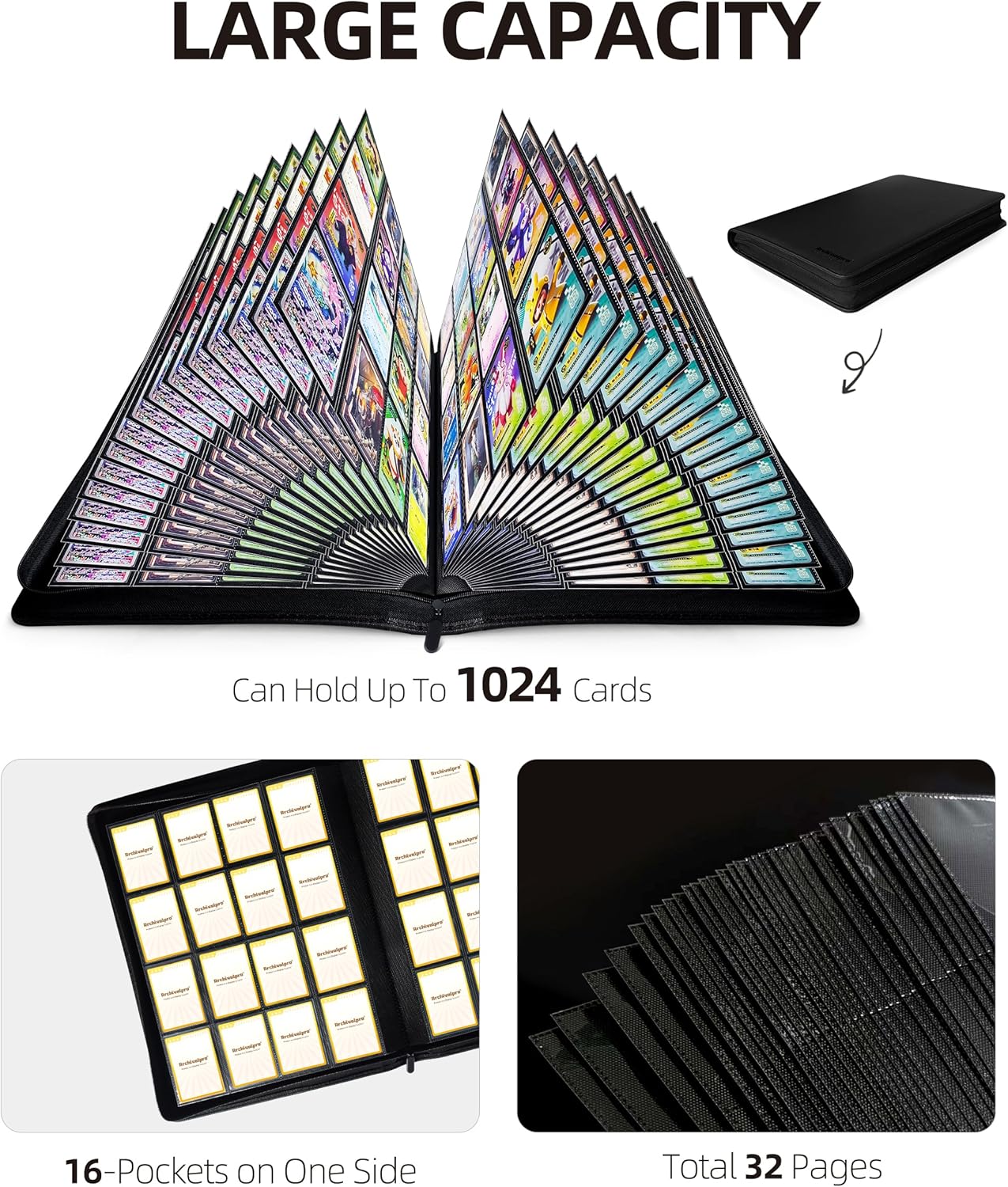 16 Pockets Premium Card Binder 1024 Cards Trading Card Binders Side Load Card Storage Display Album(16 Pocket 1024 Card Slot,Black)