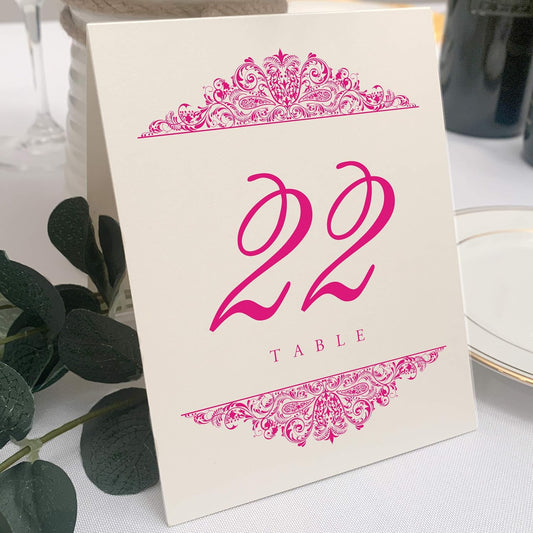 Paisley Wedding Table Numbers (Select Color/Quantity), Champagne, Fuschia, 1-60, Double Sided, Tent or Use in a Stand, Great for Parties & Restaurants - Made in the USA
