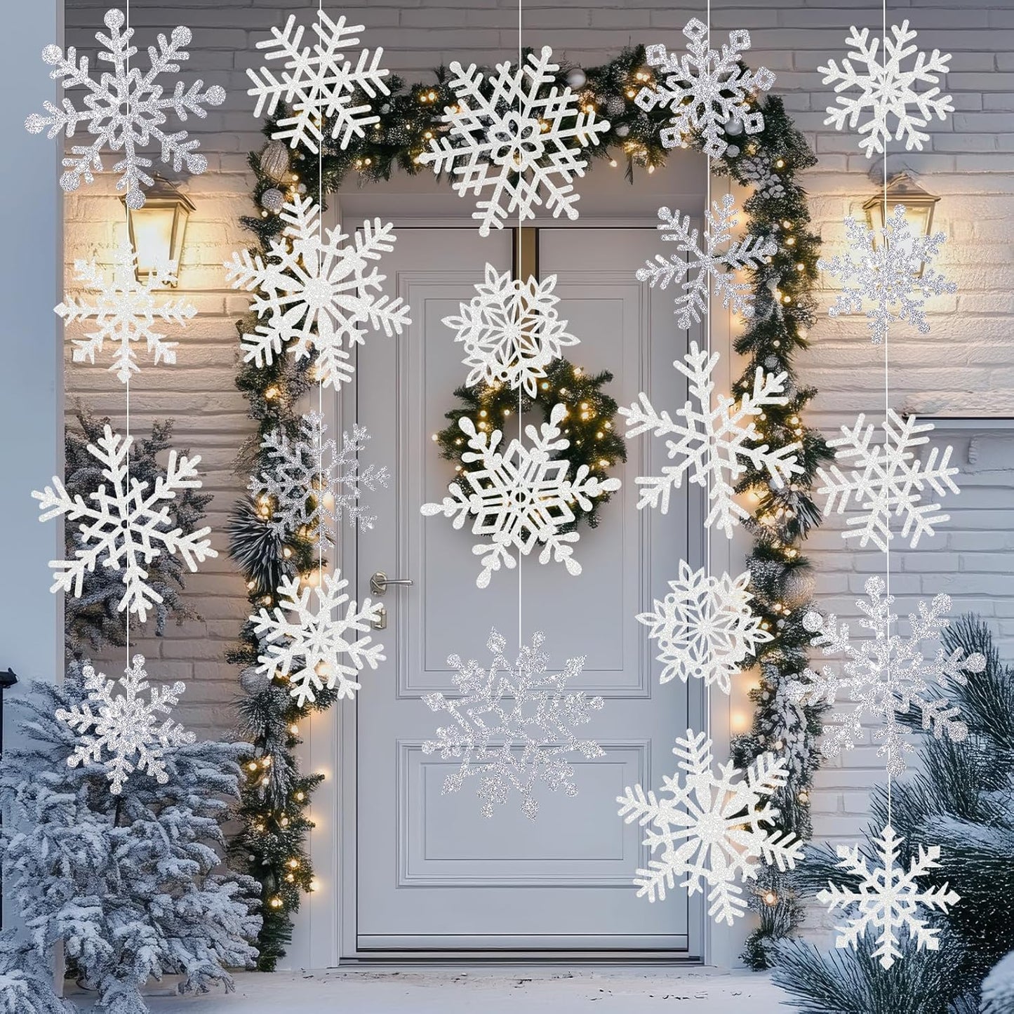 Winter Snowflake Cutouts - Glitter Paper Snowflake Decorations - 50Pcs White & Silver Double-Side Christmas Cutouts for Holiday Winter Wonderland Bulletin Board, Frozen Party Decor