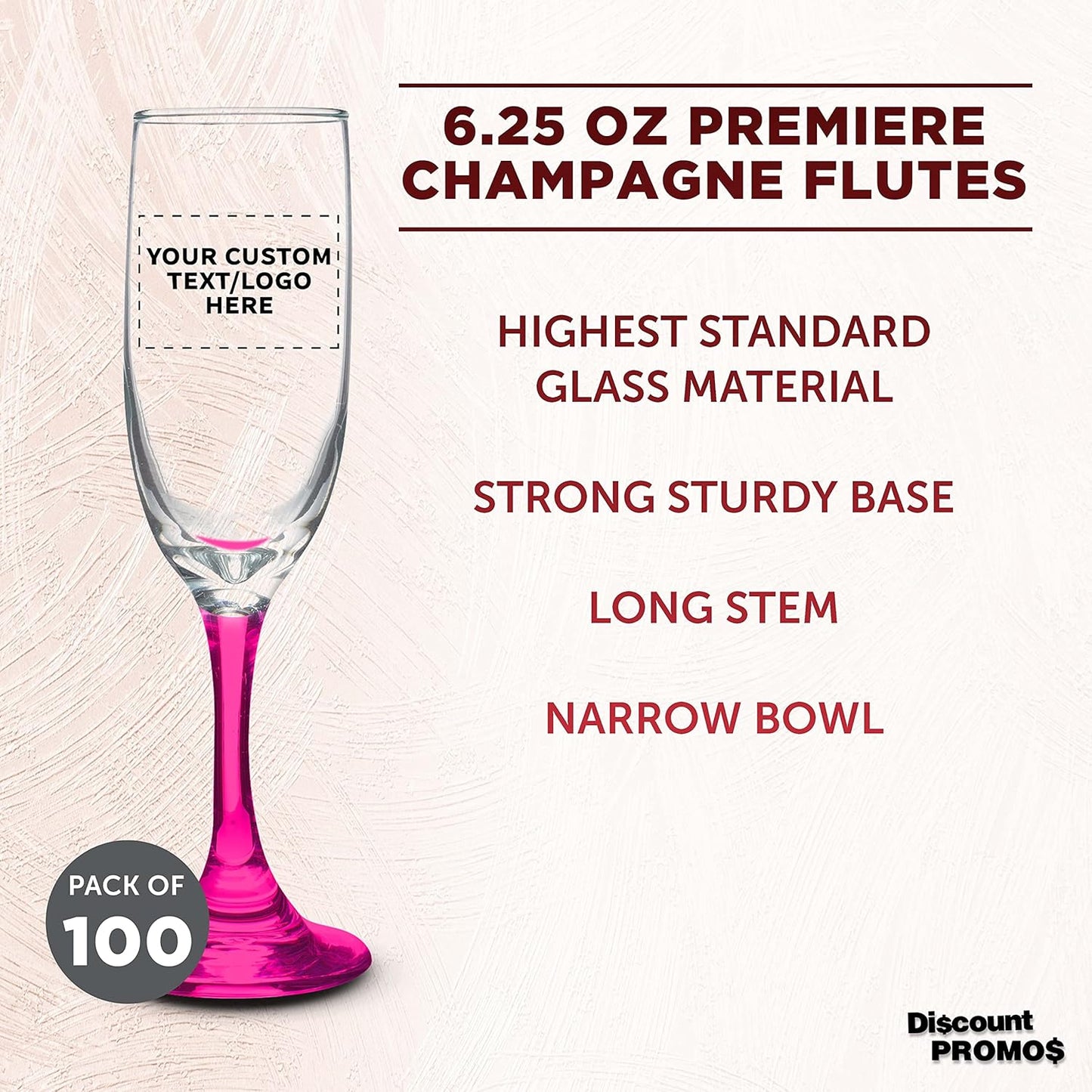 DISCOUNT PROMOS Custom Premiere Champagne Flutes 6.25 oz. Set of 100, Personalized Bulk Pack - Elegant Drinkware for Weddings, Events, & Promotional Gifts - Pink