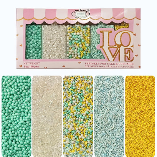 Confect Cake Sprinkles Mix Pack of 5 – Sky Blue, Yellow & White – Pearl Dragees, Jimmies, Sparkling Sugar – Baking Decorations for Cakes, Cupcakes, Cookies & Desserts- Vegan, Gluten-Free, Nut-Free, Soy-Free, Dairy-Free, Palm Oil-Free- 5 Oz