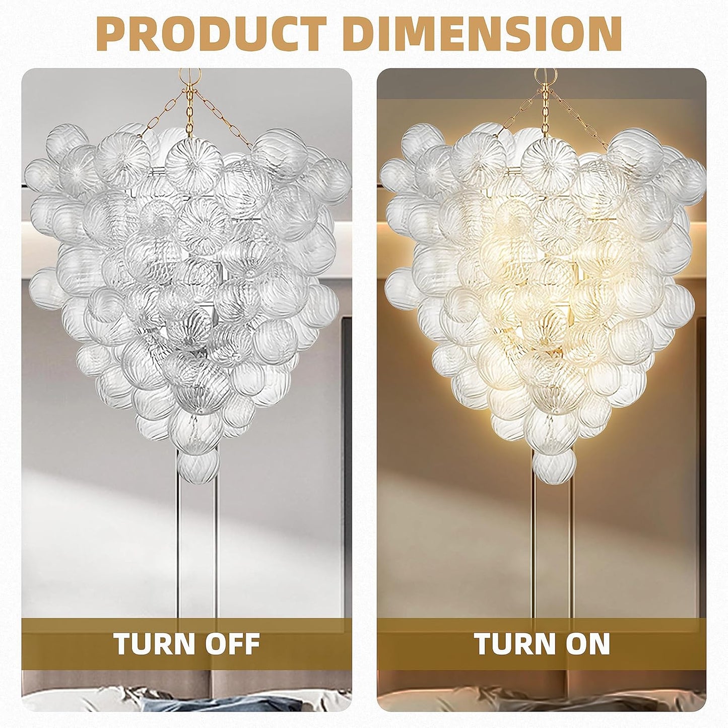 Mid Century Bubble Ball Swirled Glass Chandelier, 36 in. 2-Layer Cages Gild Gold and Clear Blown Glass Large Cluster Bbble Pendant Light Fixture for Bedroom Restaurant Dining Room