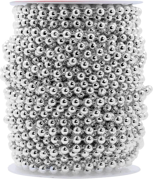 Mandala Crafts 6mm Faux Metallic Silver Pearl Beads Roll - 27 Yards Strand of Fake Pearls Chain Garlands Spool String for Christmas Tree, Wedding, Party, Vases, DIY Decoration