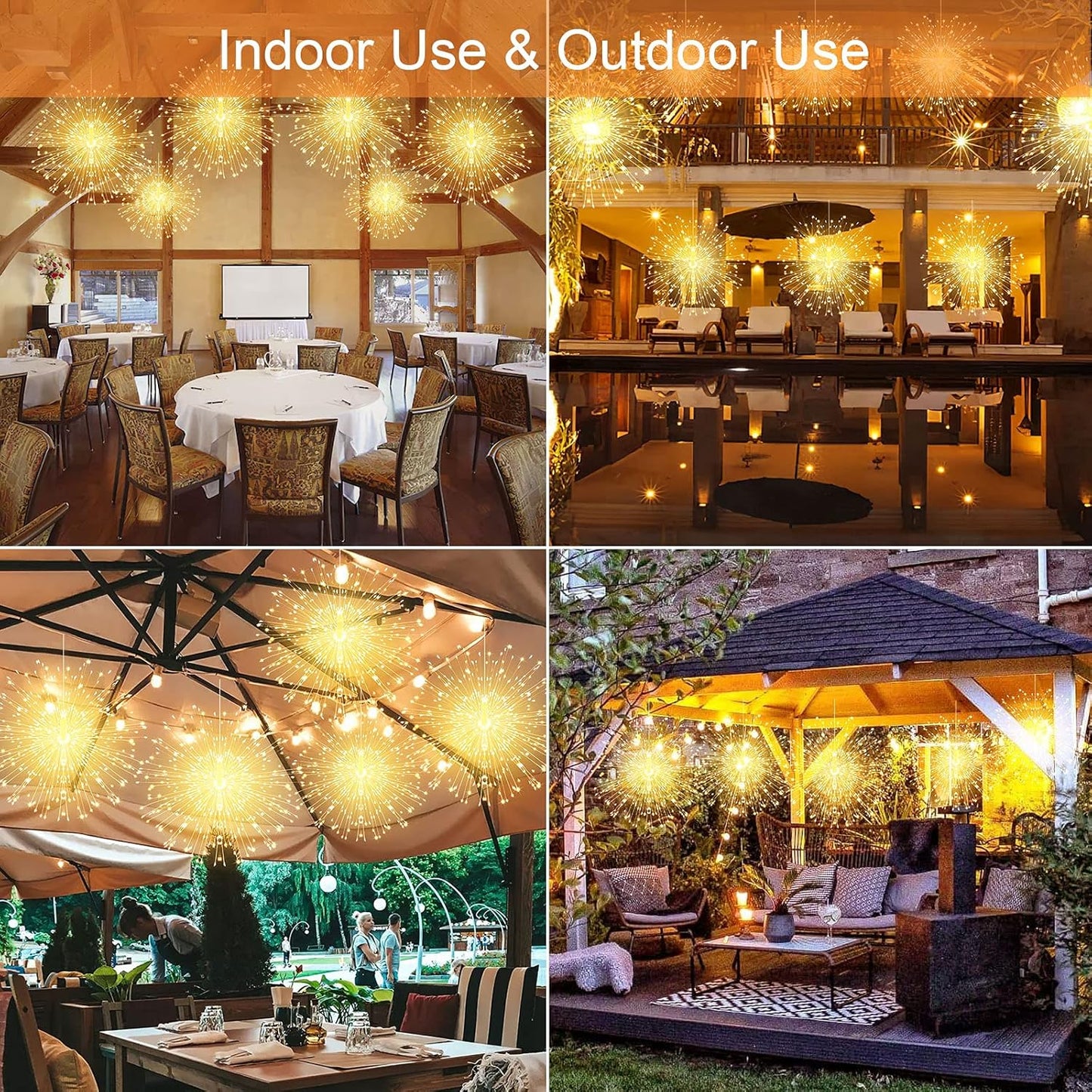 4 Pack String Lights - 225 LED 8 Modes Dimmable with Remote Control, Waterproof Copper Wire Decorative Hanging Bursting Star Lights for Party, Patio, Garden Decoration (Warm White)