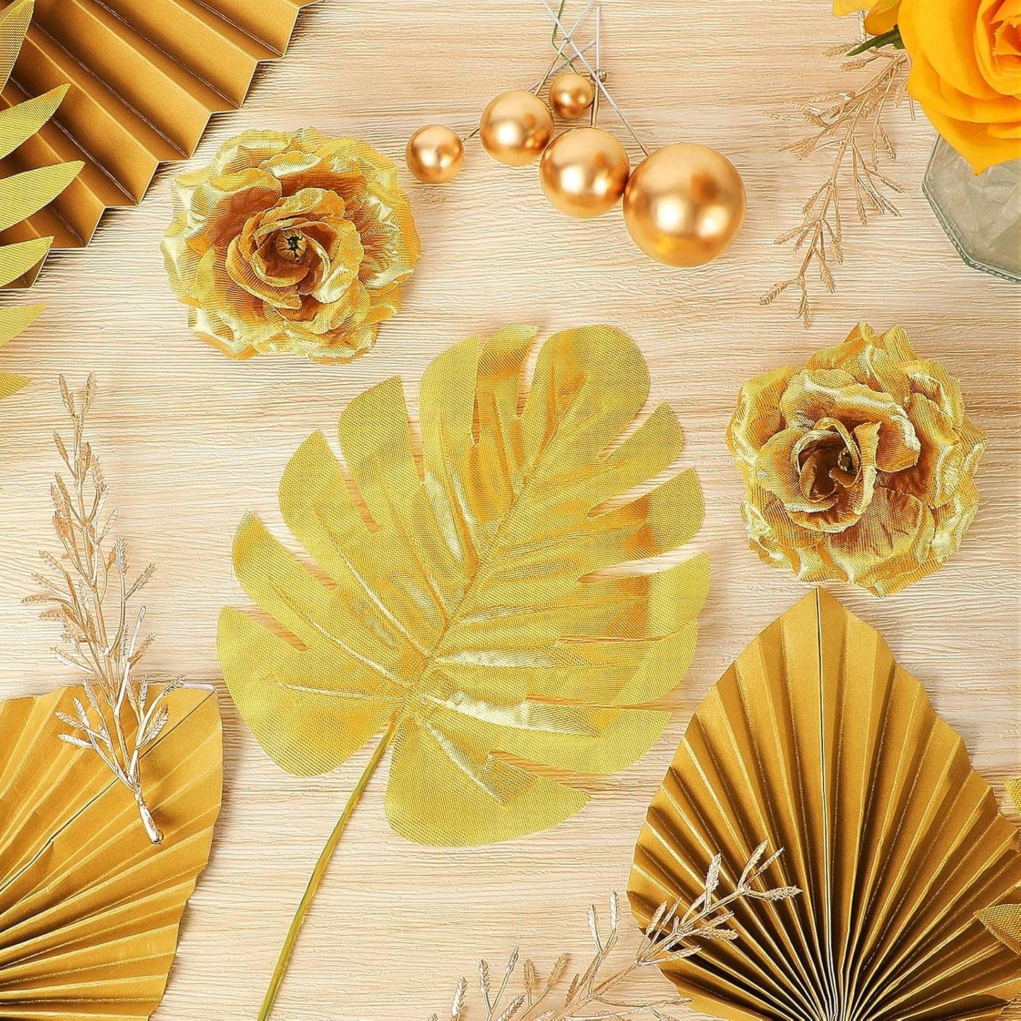 26 Pieces Happy Birthday Cake Topper Gold Cake Decorations Palm Leaves Balls Cupcake Toppers Floral Flower Artificial Leaves for Birthday Wedding(Gold)