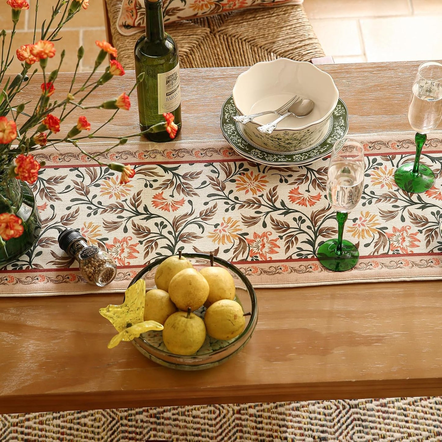 ISAENNE Designer French Elegant Linen Table Runner 87 Inches Long,Farmhouse Lily Pattern Decor Table Runners for Dining Tables,Thanksgiving,Kitchen Tables,Christmas,12"*87"-Aurora A