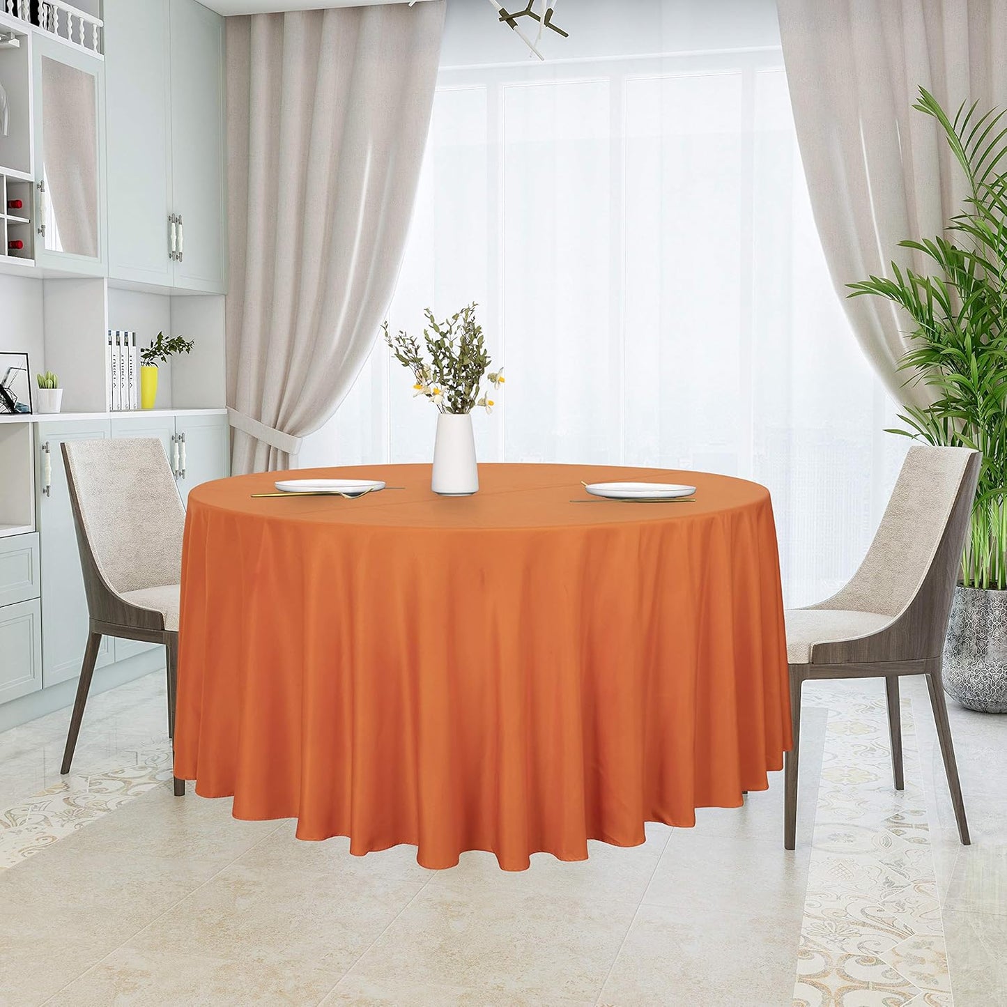 sancua Round Tablecloth - 108 Inch - Water Resistant Spill Proof Washable Polyester Table Cloth Decorative Fabric Table Cover for Dining Tables, Buffet Parties and Camping, Orange
