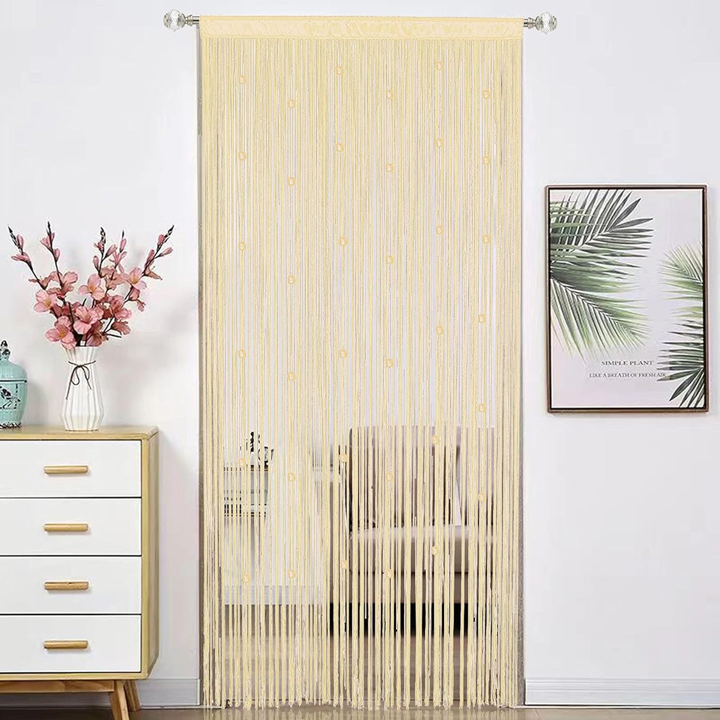Beaded Curtain Beads Door String Curtains Ideal for Living Room Decor Wall Hanging Fringe Doorway Divider Bedroom Backdrop Hippie Window Closet Privacy Rod Pocket Dense (100x200cm,Champagne)