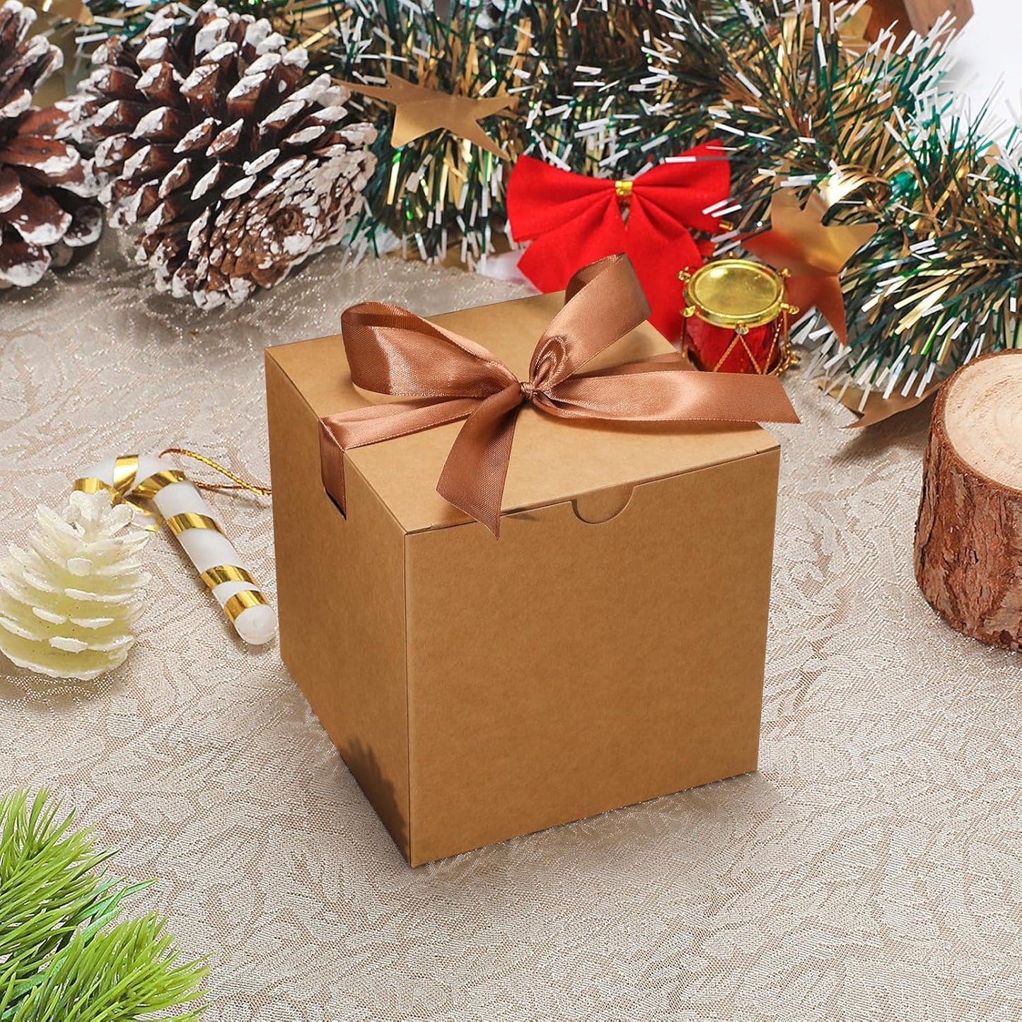 DOYIDE Small Gift Boxes, 20 Pack 5x5x5 Inch Brown Elegant Paper Boxes with Ribbons, Crafting, Christmas Gift Box Wedding Party Favor, Cupcake, Candy, Bridesmaids Proposal Box