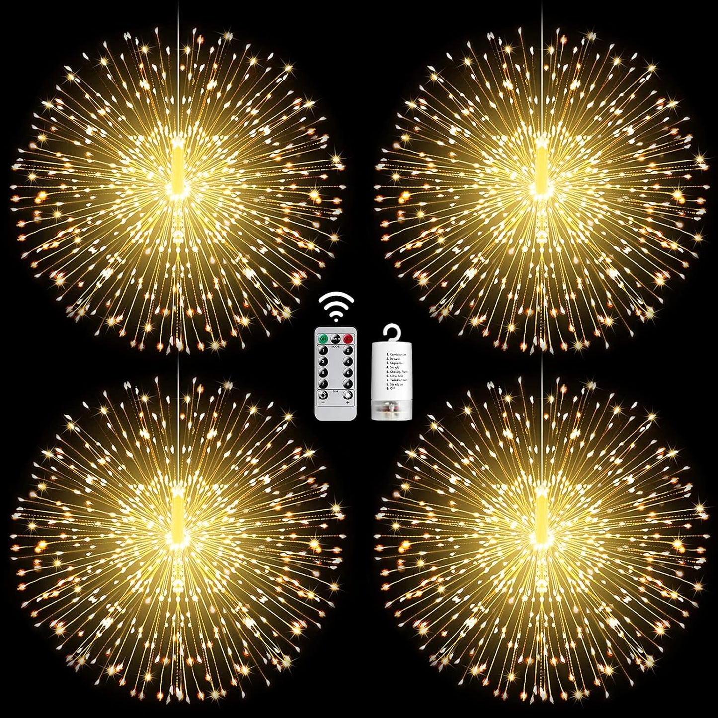 4 Pack String Lights - 225 LED 8 Modes Dimmable with Remote Control, Waterproof Copper Wire Decorative Hanging Bursting Star Lights for Party, Patio, Garden Decoration (Warm White)