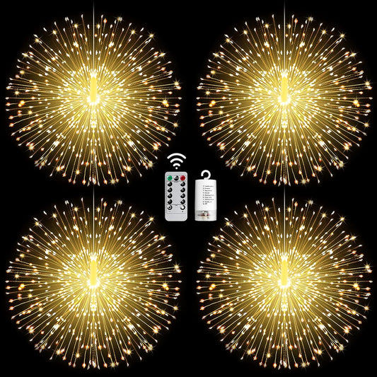 4 Pack String Lights - 225 LED 8 Modes Dimmable with Remote Control, Waterproof Copper Wire Decorative Hanging Bursting Star Lights for Party, Patio, Garden Decoration (Warm White)