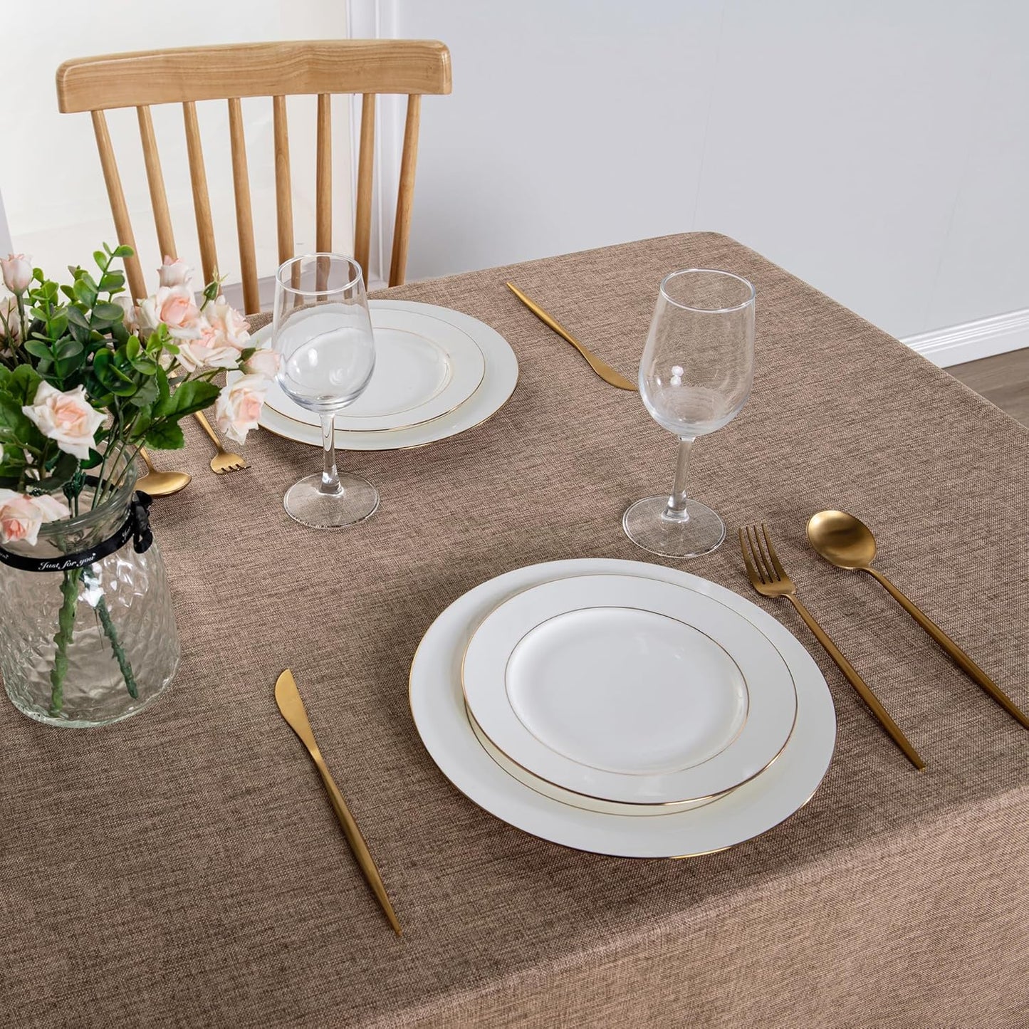 Hiasan 2 Pack Faux Linen Rectangle Tablecloth - Wrinkle and Stain Resistant Washable Table Cloth for Kitchen Dining Room Holiday Table Cover for Party Dinner, Khaki, 54 x 120 Inch