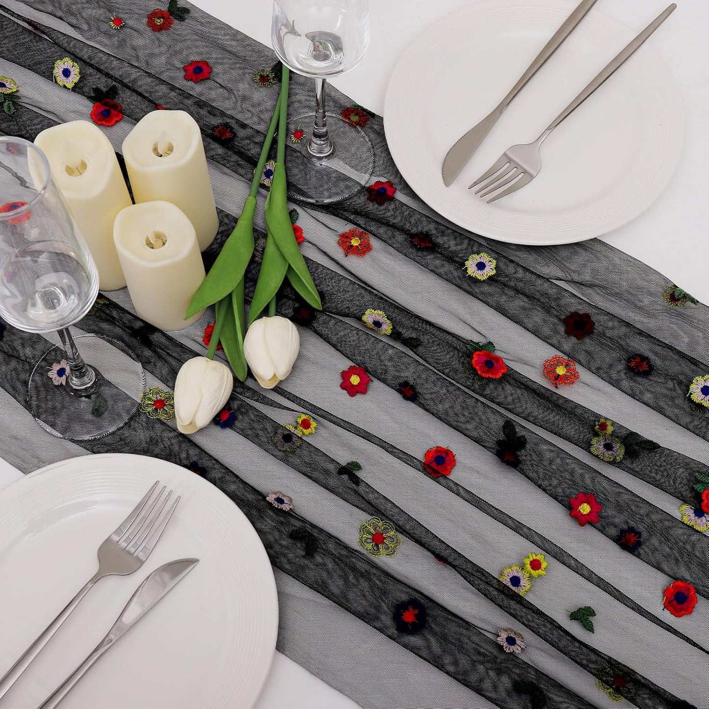 BINBE 6pcs Black Daisy Fall Table Runner Embroidery Gauze 10FT Florals Seasonal Tulle Holiday Birthday Kitchen Dining Table Decor for Home Party