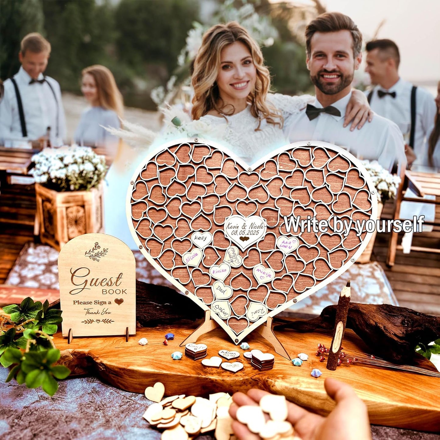 Wedding Guest Book Unique Wooden Heart Alternative GuestBook Bridal Shower Wedding Decoration with 83 Wooden Hearts 1 Sign Pen Set (Reddish Brown)