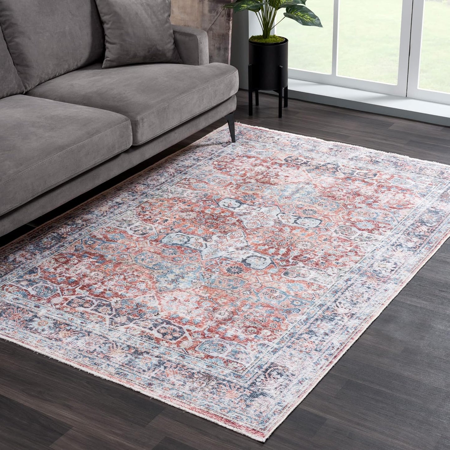 Bloom Rugs Caria Washable Non-Slip 5x7 Rug - Brick/Dark Blue Traditional Area Rug for Living Room, Bedroom, Dining Room, and Kitchen - Exact Size: 5' x 7'