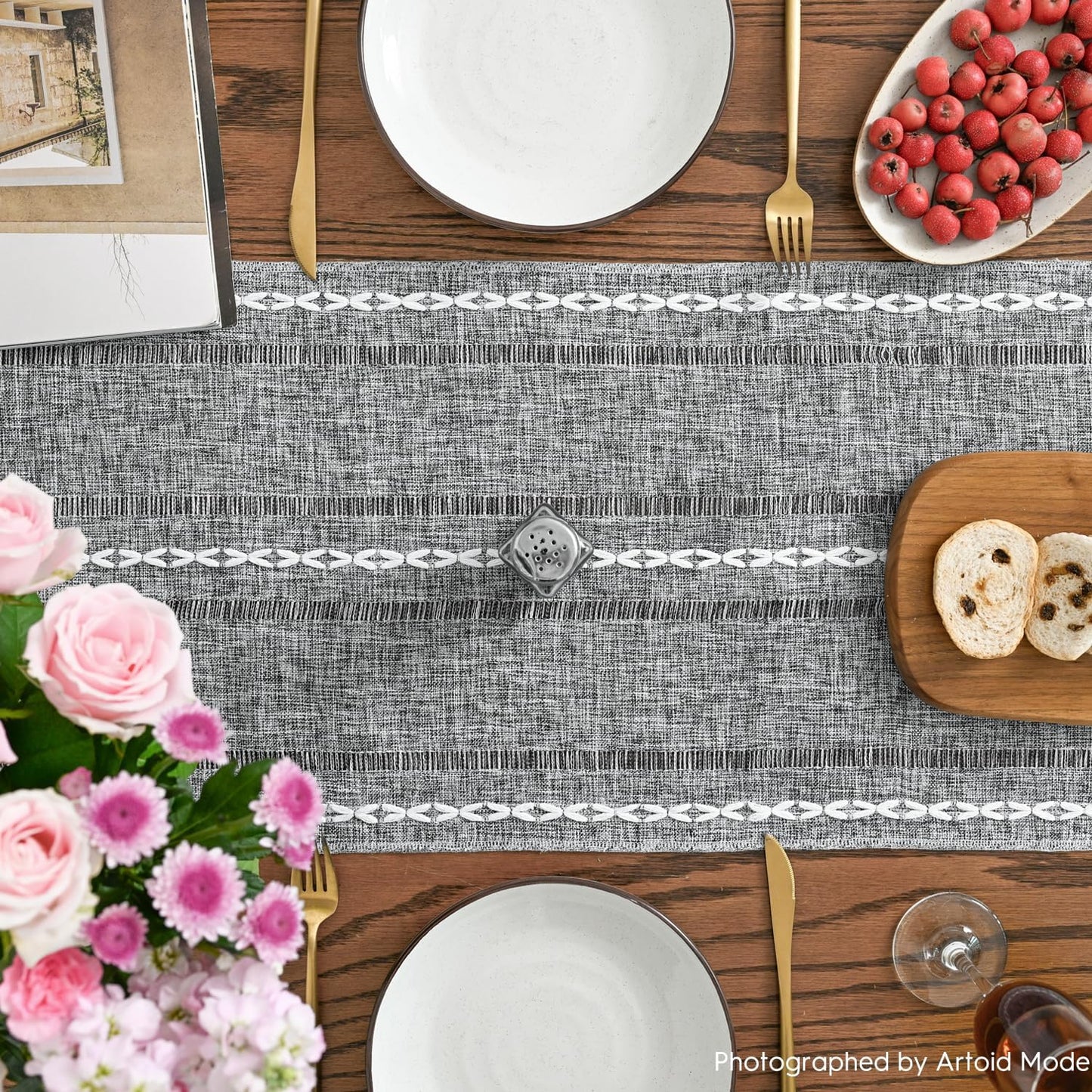 Artoid Mode Dark Grey Rustic Cotton Linen Table Runner, Seasonal Embroidered Hollow Kitchen Dining Table Decoration for Home Party Decor 13x72 Inch