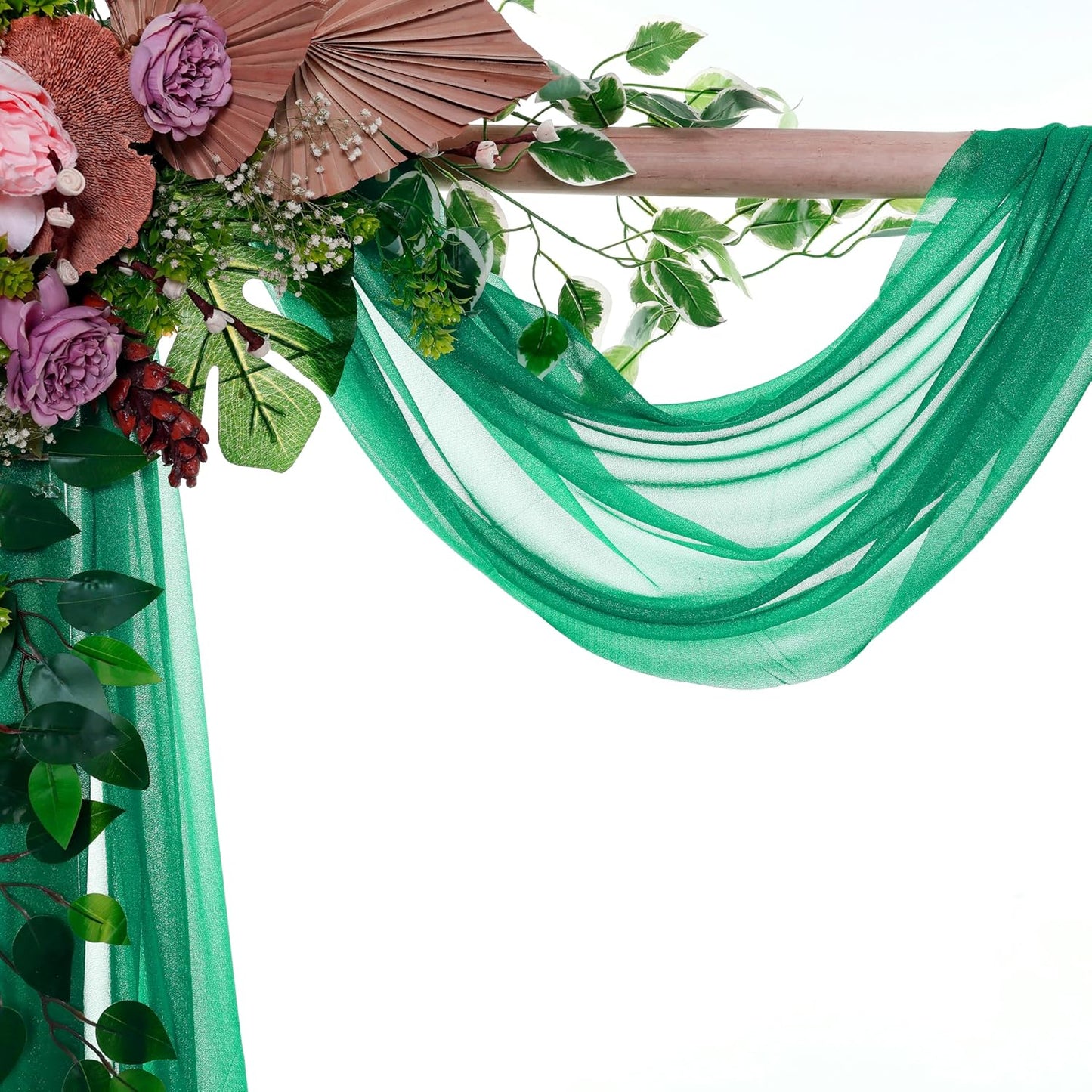 VDS Pack of 3 Panel (30 Inch X 20 Feet) Wedding Arch Draping Fabric Sheer Chiffon Fabric Drapery for Wedding Ceremony Reception Swag Backdrop Canopy Chuppah ARBO Altars Decoration (Emerald)