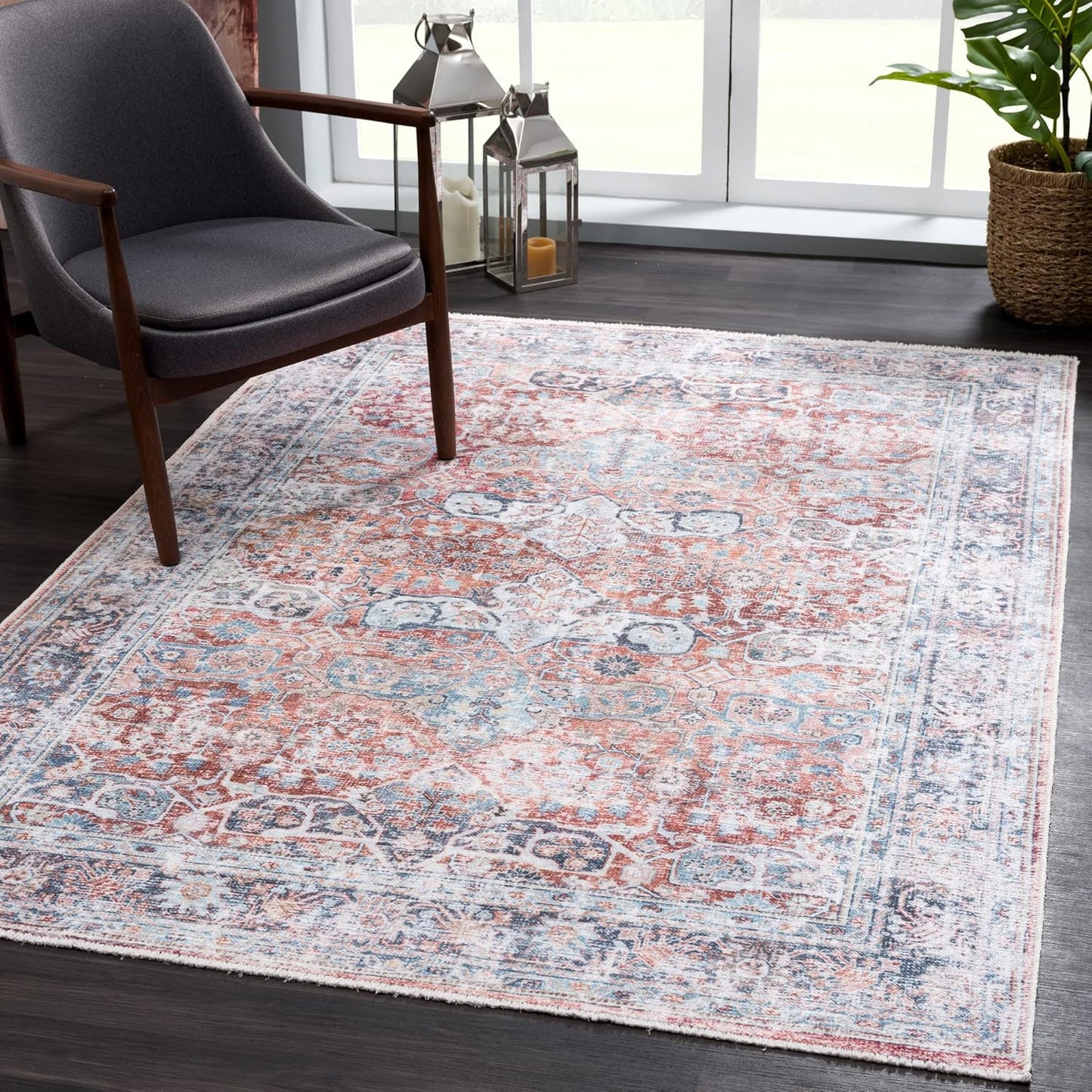 Bloom Rugs Caria Washable Non-Slip 8x10 Rug - Brick/Dark Blue Traditional Area Rug for Living Room, Bedroom, Dining Room, and Kitchen - Exact Size: 7'8" x 10'