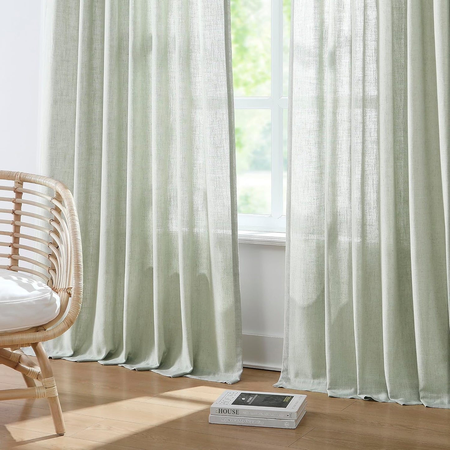Vision Home Soft Green Pinch Pleated Semi Sheer Curtains Textured Linen Blended Light Filtering Window Curtains 112 inch for Living Room Bedroom Pinch Pleat Drapes with Hooks 2 Panels 40" Wx112 L