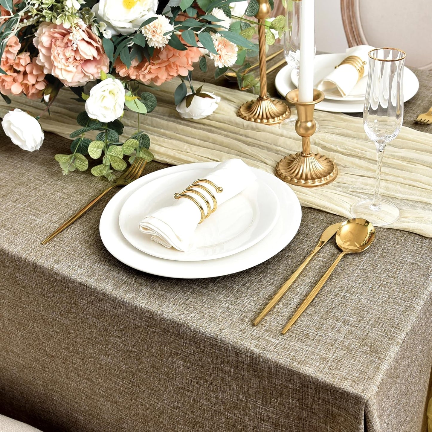 Fitable Faux Linen Tablecloths for Rectangle Tables: Water & Stain Resistant Farmhouse Table Cloth, Washable Burlap Textured Table Covers for Kitchen Dining Party(2 Pack, 52x70 Inch, Khaki)