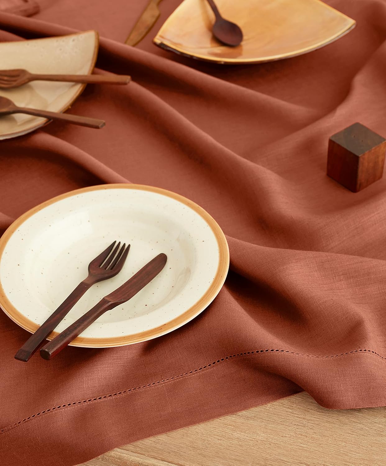 Solino Home Linen Cinnamon Tablecloth 52 x 52 Inch - 100% Pure Linen Square Table Throw - Classic Hemstitch, Machine Washable Table Cloth for Fall, Autumn, Halloween, Thanksgiving