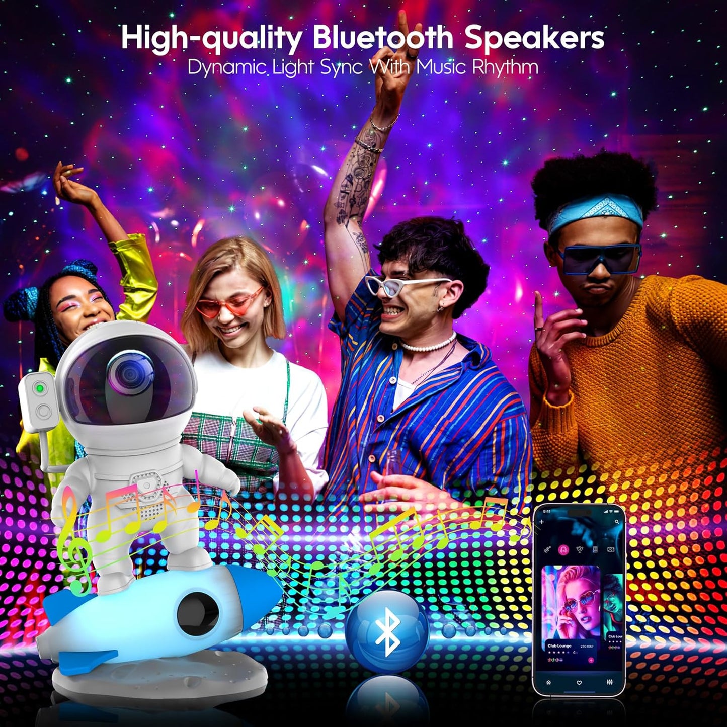 FlyEagle Astronaut Galaxy Projector, Star Nebula Projectors with Rocket Lamp, Night Lights LED Star Projector for Bedroom, Remote Control, White Noises, Bluetooth Speaker for Bedroom