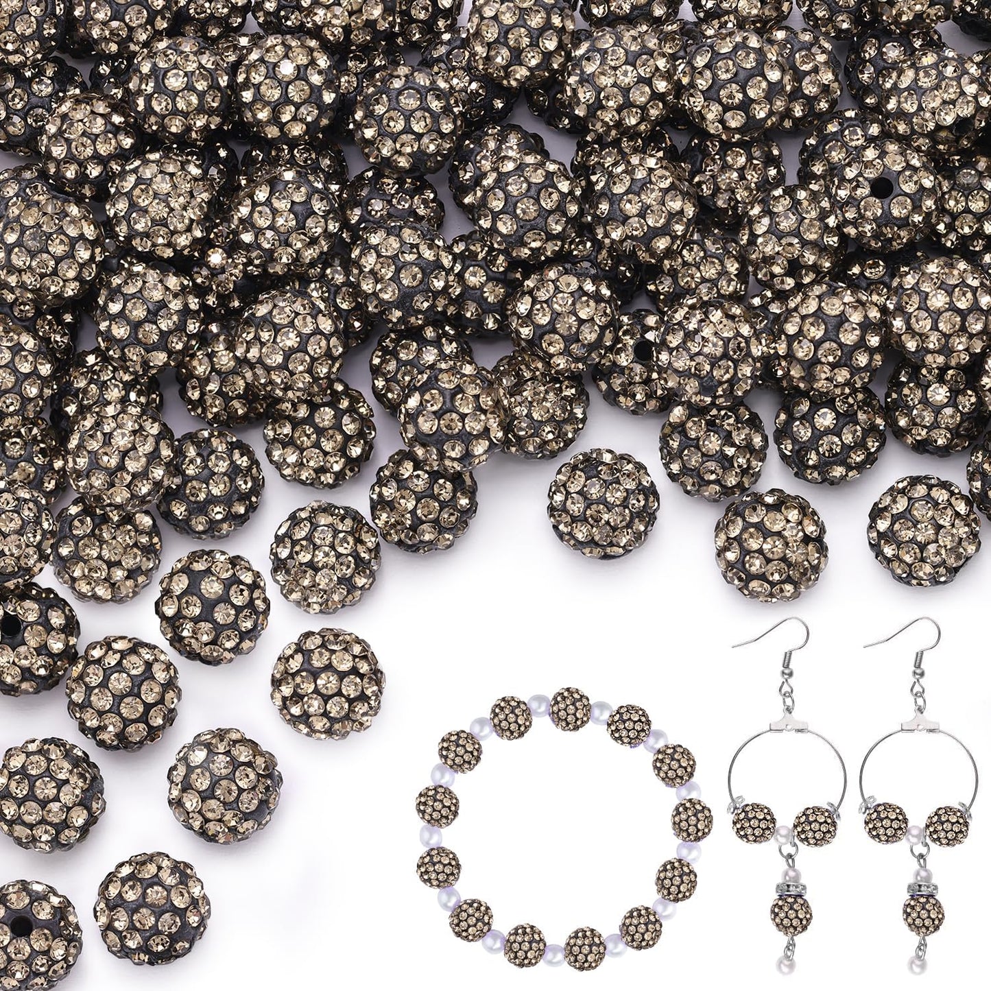 150pcs 10mm Rhinestone Beads for Jewelry Making, Gray Shiny Round Shamballa Disco Ball Beads Bulk, Sparkle Crystal Clay Christmas for Bracelet Baseball Necklace Earring Crafting and DIY