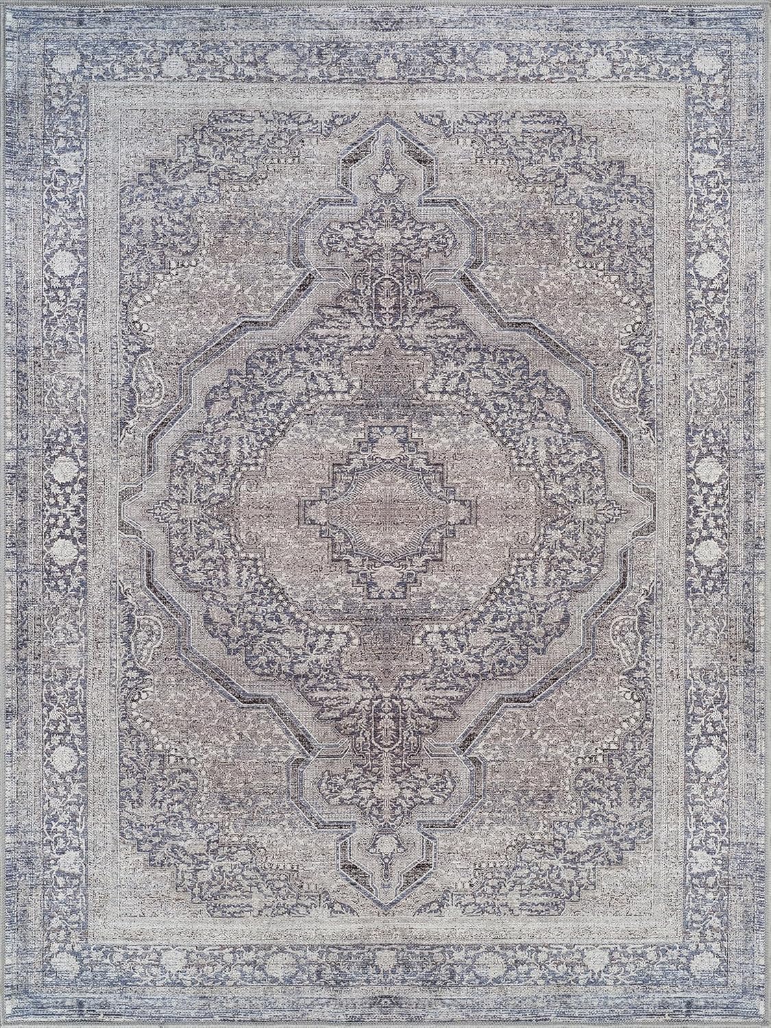 Bloom Rugs Washable Non-Slip 9' x 12' Rug - Blue/Steel Gray/Beige Traditional Medallion Area Rug for Living Room, Bedroom, Dining Room, and Kitchen - Exact Size: 9' x 12'