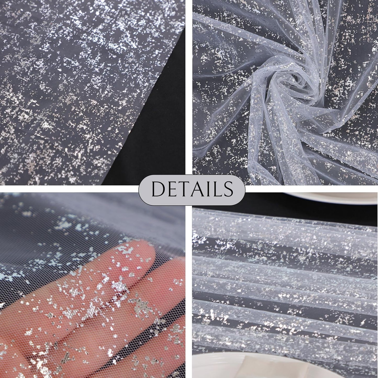 Snowkingdom 6 Pcs 10 FT Silver White Cheesecloth Table Runner Sheer Chiffon Gauze Runner, Sequin Glitter Silver Table Decoration Centerpieces for Wedding Birthday Christmas Bridal Baby Shower
