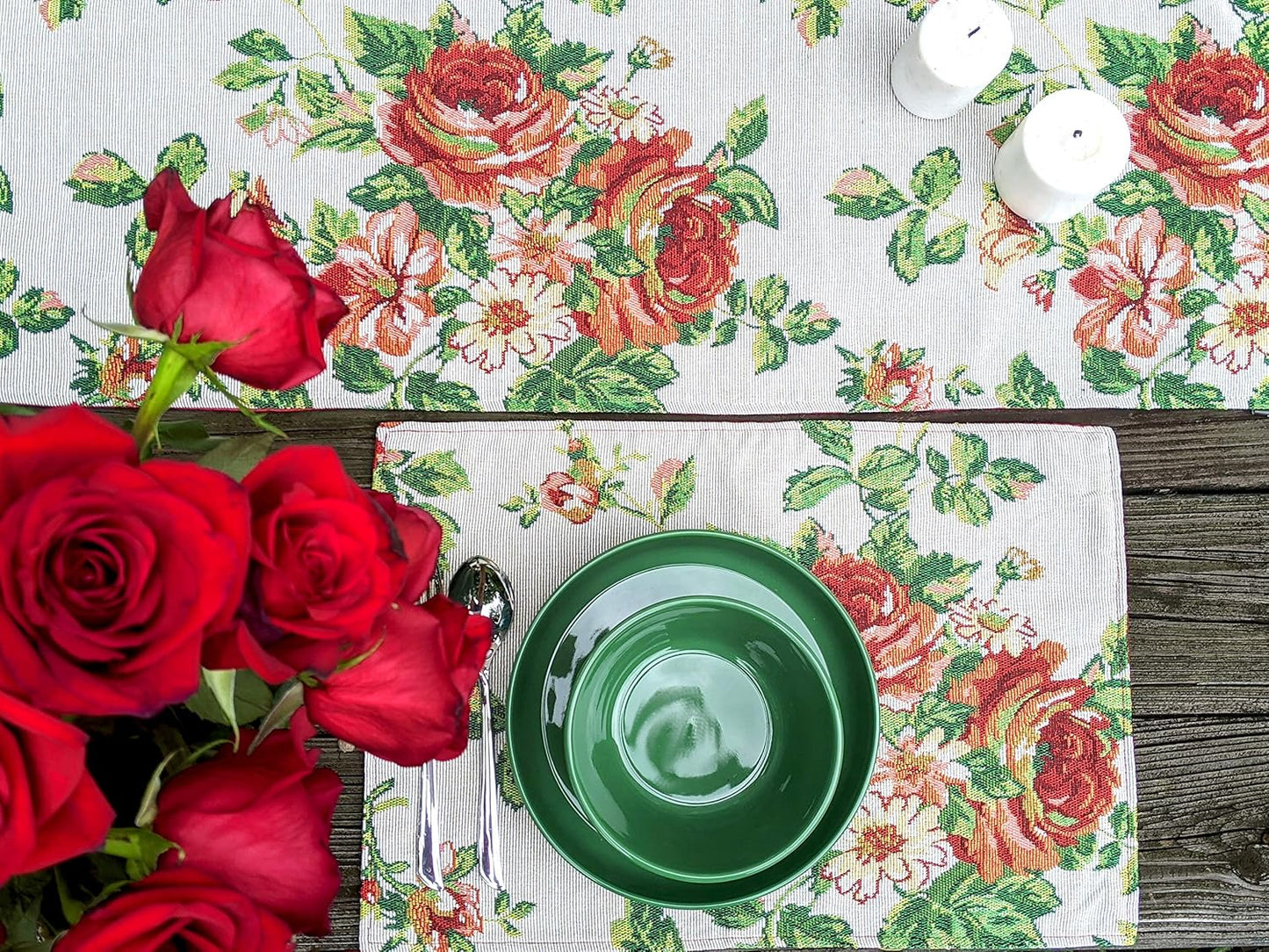 Tache Sweet Roses Spring Summer Flower Traditional French Country Vintage White Red Floral Decorative Woven Tapestry Long Kitchen Dining Table Runners, 13 x 90